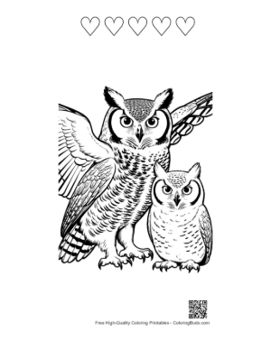 Thumbnail: Great Horned Owl Pair in Majestic Stance Printable and 5 Heart Outline