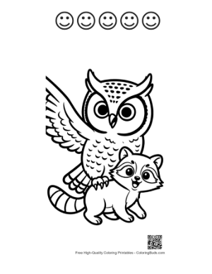 Thumbnail: Great Horned Owl with Playful Baby Raccoon Printable and 5 Happy Face Outline