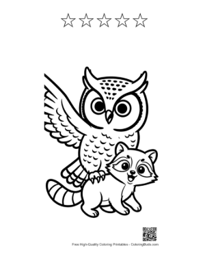 Thumbnail: Great Horned Owl with Playful Baby Raccoon Printable and 5 Star Outline