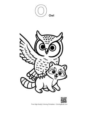 Thumbnail: Great Horned Owl with Playful Baby Raccoon Printable Outline Alphabet O Owl