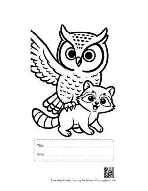 Thumbnail: Great Horned Owl with Playful Baby Raccoon Printable with Title and Artist Box