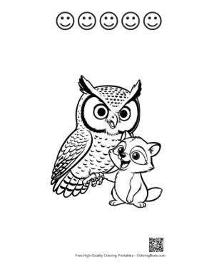 Thumbnail: Great Horned Owl with Playful Fox Kit Printable and 5 Happy Face Outline