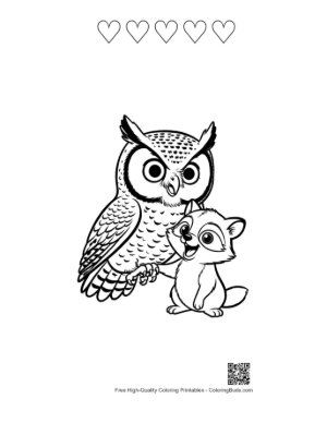Thumbnail: Great Horned Owl with Playful Fox Kit Printable and 5 Heart Outline