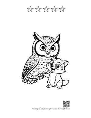 Thumbnail: Great Horned Owl with Playful Fox Kit Printable and 5 Star Outline