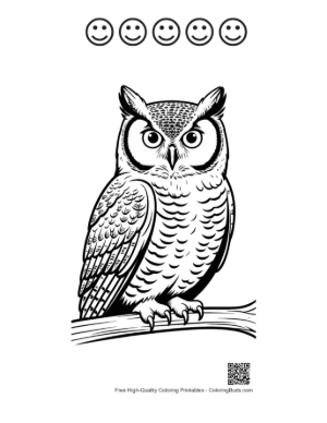 Thumbnail: Majestic Great Horned Owl Perched Alertly Printable and 5 Happy Face Outline