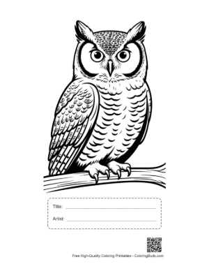 Thumbnail: Majestic Great Horned Owl Perched Alertly Printable with Title and Artist Box