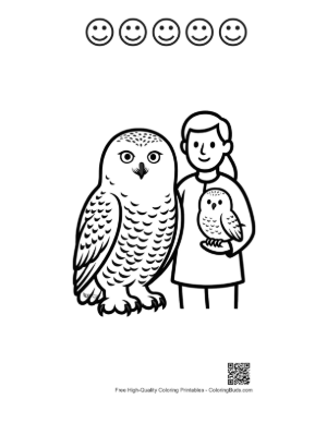 Thumbnail: Smiling Girl with Big and Baby Snowy Owls Printable and 5 Happy Face Outline