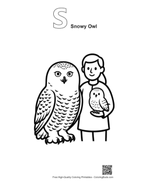 Thumbnail: Smiling Girl with Big and Baby Snowy Owls Printable Outline Alphabet S Snowy Owl