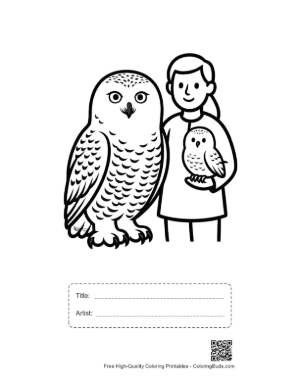 Thumbnail: Smiling Girl with Big and Baby Snowy Owls Printable with Title and Artist Box