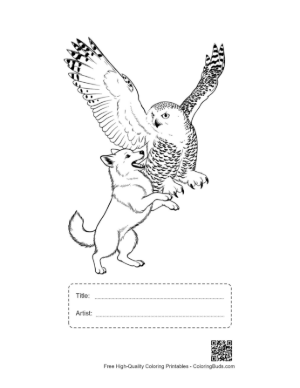 Thumbnail: Snowy Owl and Playful Arctic Fox Pup Printable with Title and Artist Box
