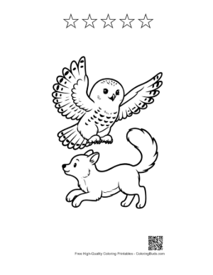 Thumbnail: Snowy Owl Flying Over Playful Arctic Fox Printable and 5 Star Outline