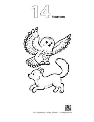 Thumbnail: Snowy Owl Flying Over Playful Arctic Fox Printable Outline Number 14