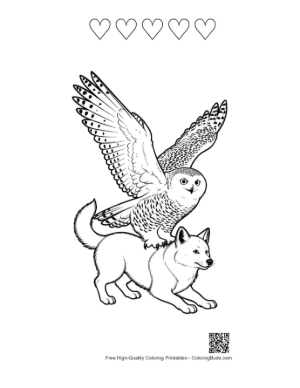 Thumbnail: Snowy Owl Soaring Atop Arctic Fox Printable and 5 Heart Outline