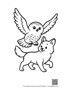 Thumbnail: Snowy Owl Soaring Playfully Over Cute Arctic Fox