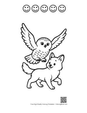 Thumbnail: Snowy Owl Soaring Playfully Over Cute Arctic Fox Printable and 5 Happy Face Outline