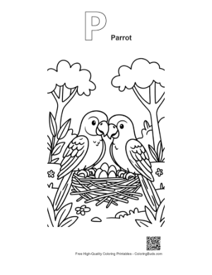 Thumbnail: Charming Cockatoo Pair Protecting Their Eggs in the Nest Printable Outline Alphabet P Parrot