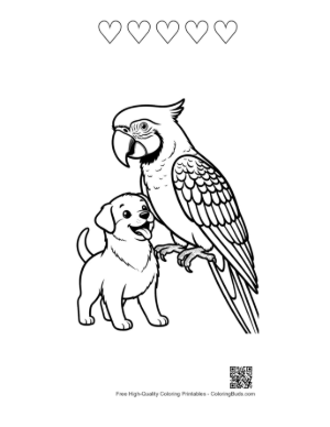 Thumbnail: Cheerful Macaw Parrot and Playful Puppy Duo Printable and 5 Heart Outline