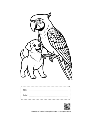 Thumbnail: Cheerful Macaw Parrot and Playful Puppy Duo Printable with Title and Artist Box