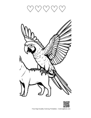 Thumbnail: Cheerful Macaw Perched on Fluffy Dog's Back Printable and 5 Heart Outline