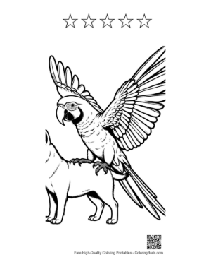 Thumbnail: Cheerful Macaw Perched on Fluffy Dog's Back Printable and 5 Star Outline