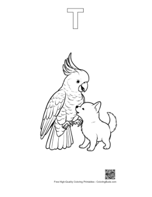 Thumbnail: Cockatoo and Chihuahua Puppy's Friendly Nuzzle Printable Outline Alphabet T
