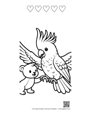 Thumbnail: Cockatoo and Teddy Bear Joyful Embrace Printable and 5 Heart Outline