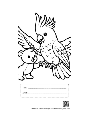 Thumbnail: Cockatoo and Teddy Bear Joyful Embrace Printable with Title and Artist Box