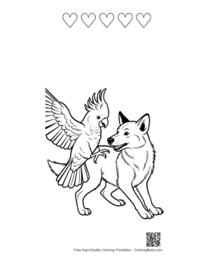 Thumbnail: Cockatoo Parrot Playfully Perched on Smiling Wolf Printable and 5 Heart Outline
