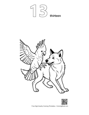 Thumbnail: Cockatoo Parrot Playfully Perched on Smiling Wolf Printable Outline Number 13