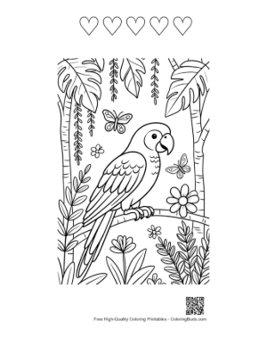 Thumbnail: Exotic Cockatoo Parrot Flying Through the Rainforest Canopy Printable and 5 Heart Outline