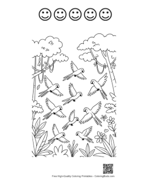 Thumbnail: Flock of Beautiful Cockatoo Parrots in the Tropical Sky Printable and 5 Happy Face Outline