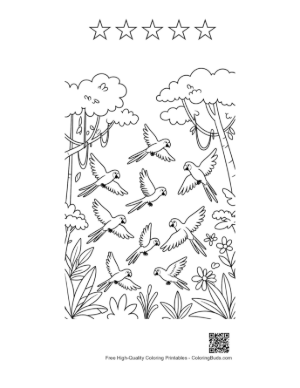 Thumbnail: Flock of Beautiful Cockatoo Parrots in the Tropical Sky Printable and 5 Star Outline