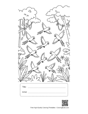 Thumbnail: Flock of Beautiful Cockatoo Parrots in the Tropical Sky Printable with Title and Artist Box