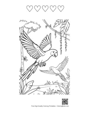 Thumbnail: Graceful Cockatoo Bird in Flight with Wings Spread Wide Printable and 5 Heart Outline