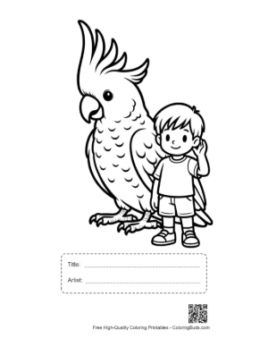 Thumbnail: Little Boy Waving Happily to Giant Cockatoo Printable with Title and Artist Box