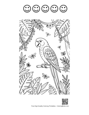 Thumbnail: Lovely Cockatoo Bird Sitting Among Jungle Flowers and Leaves Printable and 5 Happy Face Outline