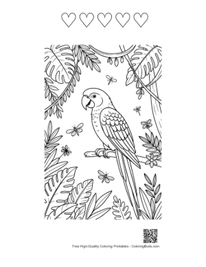 Thumbnail: Lovely Cockatoo Bird Sitting Among Jungle Flowers and Leaves Printable and 5 Heart Outline