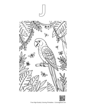 Thumbnail: Lovely Cockatoo Bird Sitting Among Jungle Flowers and Leaves Printable Outline Alphabet J