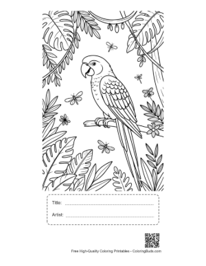 Thumbnail: Lovely Cockatoo Bird Sitting Among Jungle Flowers and Leaves Printable with Title and Artist Box