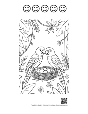 Thumbnail: Loving Cockatoo Parrots Nested in a Tropical Environment Printable and 5 Happy Face Outline