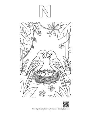 Thumbnail: Loving Cockatoo Parrots Nested in a Tropical Environment Printable Outline Alphabet N