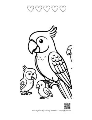 Thumbnail: Mother Macaw with Two Baby Parrots Printable and 5 Heart Outline