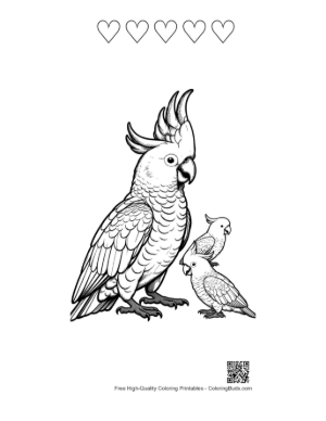 Thumbnail: Proud Cockatoo Parent with Two Chicks Printable and 5 Heart Outline