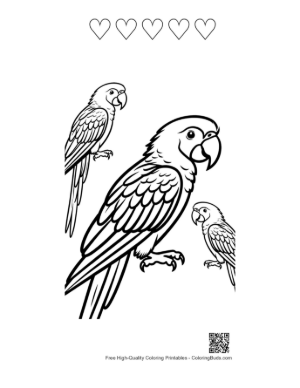 Thumbnail: Three Cute Macaw Parrots in Outline Printable and 5 Heart Outline