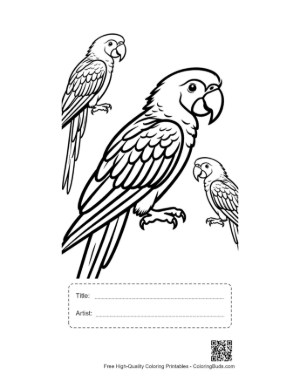 Thumbnail: Three Cute Macaw Parrots in Outline Printable with Title and Artist Box
