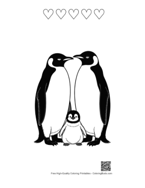 Thumbnail: Emperor Penguin Family Nuzzling Lovingly Printable and 5 Heart Outline