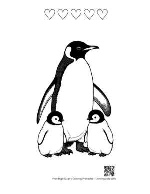 Thumbnail: Emperor Penguin with Two Chicks Printable and 5 Heart Outline