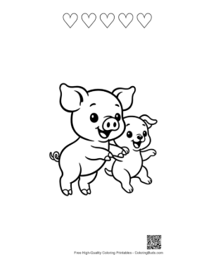 Thumbnail: Joyful Mother Pig and Piglet Dancing Printable and 5 Heart Outline