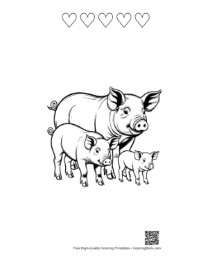 Thumbnail: Mother Farm Pig with Playful Piglets Printable and 5 Heart Outline
