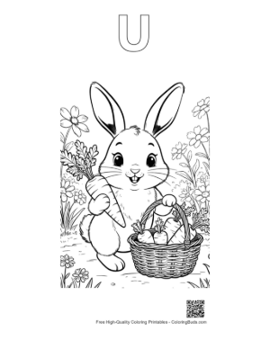 Thumbnail: Adorable Rabbit with a Woven Basket Full of Decorated Eggs Printable Outline Alphabet U